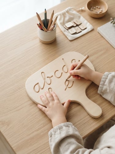 Bright overhead flatlay of minimalist learning materials on a light wood table, little hands tracing letters with a wooden pencil, soft natural daylight, 35mm