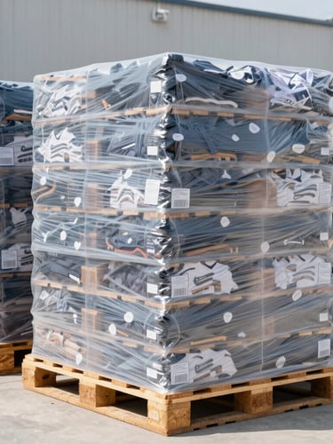 Bright commercial photography of a clean warehouse setting with neatly stacked, shrink-wrapped pallets of branded clothing under crisp daylight, 35mm lens