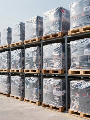 Wide environmental warehouse shot showing organized tall racks filled with shrink-wrapped clothing pallets under bright daylight, crisp commercial style.