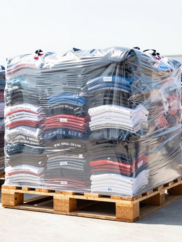 Straight-on medium shot of a neatly shrink-wrapped pallet of branded clothing inside a bright, daylight-lit warehouse, high-contrast commercial photography.