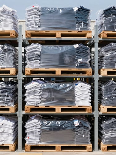 Straight-on medium shot of organized warehouse racks with neatly sorted apparel pallets, bright daylight, high-contrast commercial photography.