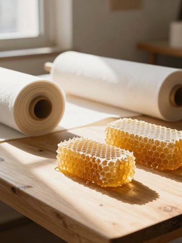 Sunlit artisanal workshop in Guadalajara, rolls of cotton fabric, blocks of golden honeycomb on a clean wooden table, warm morning light
