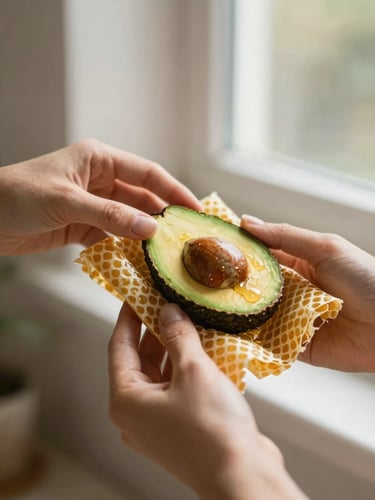 Close-up of hands gently folding a warm golden beeswax wrap around a fresh half-cut avocado, soft morning window light, warm honey tones, 35mm