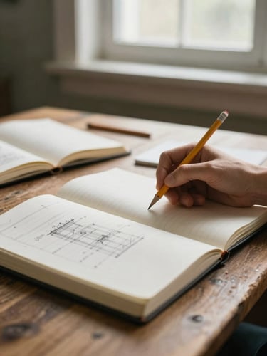 A close-up of a rustic wooden desk with open notebooks, architectural plans, and a hand holding a pencil, warm side window light, shallow depth of field.