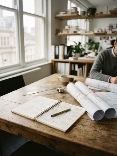 A clean, sunlit architectural office meeting room with a wooden table, open notebook, and blueprint rolls, soft overcast window light, 35mm film.