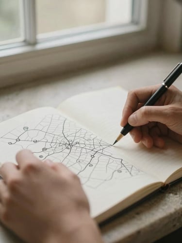 A close-up of hands sketching a local map layout in a physical notebook on a stone countertop, warm morning window light, shallow depth of field.
