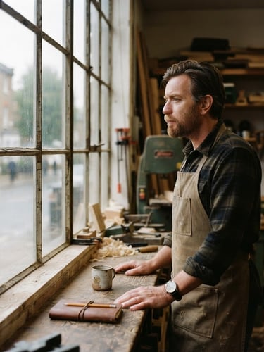 An environmental portrait of a local business owner looking thoughtfully out of a large workshop window, soft natural daylight, muted earth tones, 35mm film.