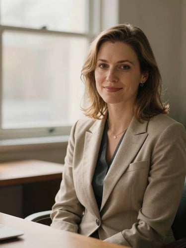 Warm editorial portrait of Kari Scinski, a Nurse Practitioner in a soft tailored blazer, sitting in a warm sunlit office with a wooden desk, smiling gently, 35mm photography.