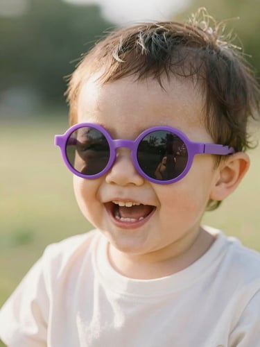 A close-up portrait of a laughing toddler wearing round purple sunglasses in bright golden-hour sunlight, warm editorial photography, shallow depth of field