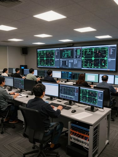 Wide-angle view of a live network operations center, rows of monitors displaying network topology dashboards, overhead fluorescent lighting casting even illumination across cable management racks and operator workstations, shot from mid-room looking toward the main display wall