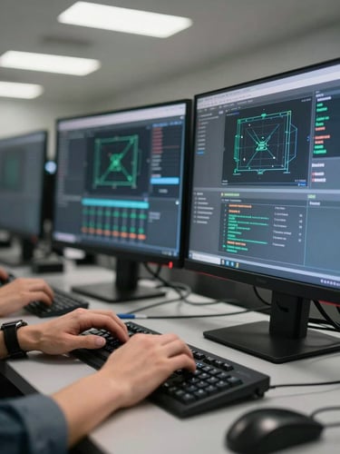 Close-up of a network operations center workstation, multiple monitors displaying live infrastructure dashboards and alert panels, hands resting on a keyboard mid-configuration, overhead fluorescent lighting, cables visible in foreground