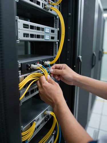 Close environmental shot of a server rack installation in progress inside a UAE corporate data center, a technician's hands routing fiber cables with precision, clean overhead lighting, rack units partially installed, floor tiles removed showing raised floor cabling, no faces visible