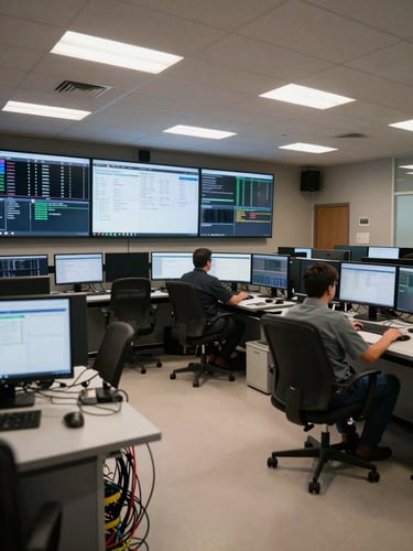 Wide shot of a live network operations center in a Gulf corporate building, multiple screens showing active dashboards, overhead fluorescent and ambient light, cable management visible along the floor, two engineers working at consoles in the middle distance, no faces prominent