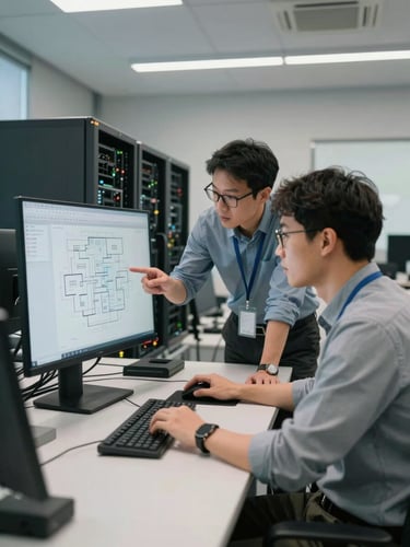 Medium-wide shot inside an enterprise IT implementation office, two technicians reviewing architecture diagrams on a large monitor, server equipment visible on a raised floor behind them, clean overhead lighting, professional and focused