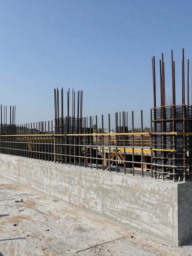 Wide panoramic shot of active concrete formwork on a commercial site, harsh midday sun highlighting crisp structural lines and raw material texture, generous negative space on the left