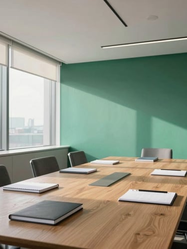 An elegant sunlit boardroom with high ceilings, a long oak table with minimalist notebooks, soft natural light coming through large windows, slate and emerald tones, 35mm