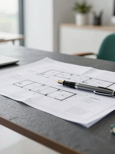 Close-up of clean architectural blueprints and a fountain pen on a slate desk, bright natural daylight, modern minimalist office, muted emerald accents, 35mm