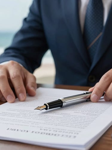 Close-up of an elegant fountain pen on heavy legal document paper, hands of a corporate lawyer in a tailored suit in the background, soft natural coastal light, editorial corporate photography.