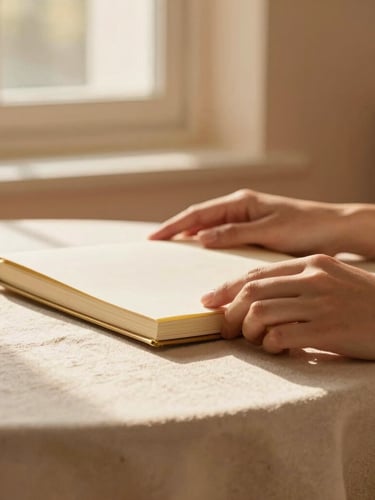 A warm close-up of a woman's hands holding a gold-rimmed journal on a linen table cloth, soft morning light streaming through a window, terracotta tones, elegant and peaceful