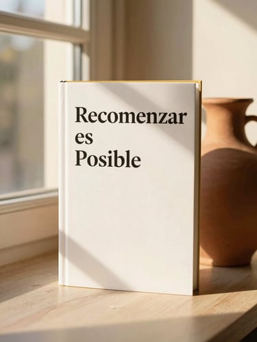 A beautiful book cover mockup of 'Recomenzar es Posible' standing elegantly next to a clay vase, warm morning sunlight, gold-edged pages