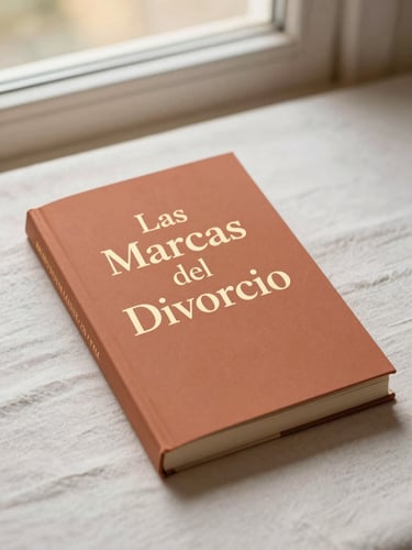 A beautiful book cover mockup of 'Las Marcas del Divorcio' lying on a clean linen surface, soft gold accents, warm terracotta tones, elegant typography