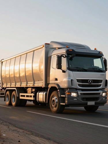Vertical shot of a heavy-duty cargo truck driving on a desert highway at golden hour, warm sunlight reflecting off the metallic cabin, empty road stretching ahead, high-contrast industrial lighting.