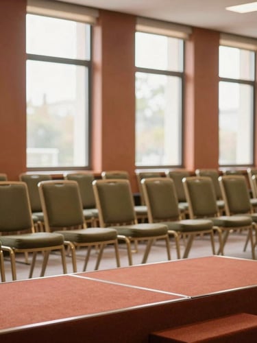 A structured corporate stage setup with neat rows of chairs, warm natural daylight filtering through large windows, terracotta accents, clean composition, medium format