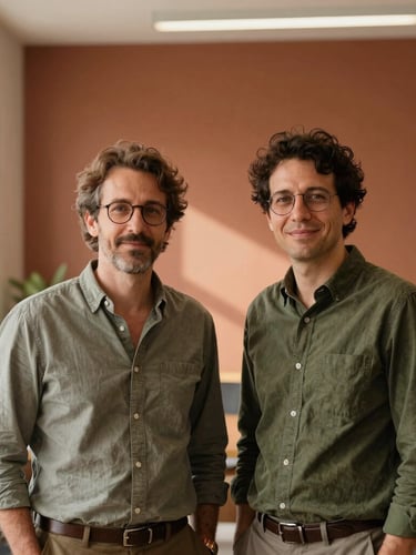 Warm editorial portrait of two founders in a sunlit, structured office space with terracotta accents, soft natural daylight, medium format composition.