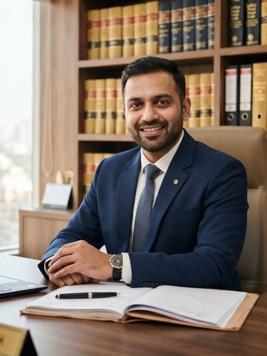 Medium close-up of a professional Indian lawyer in a dark suit sitting in a bright, modern office with legal volumes on a shelf behind him, soft natural window light