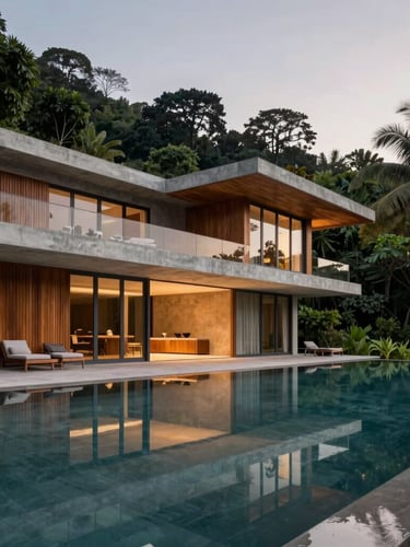 Wide architectural elevation of a concrete and teak luxury villa in Koh Samui at twilight, reflecting in a still infinity pool, lush jungle silhouettes in the background, soft overcast light.