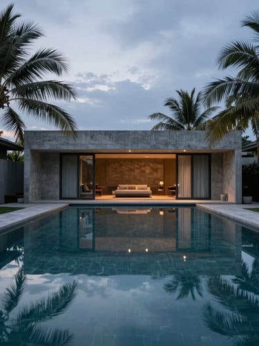 Symmetrical wide angle of a silent infinity pool at deep twilight, reflecting a minimalist concrete villa facade and dark tropical palms, soft overcast sky, Koh Samui.