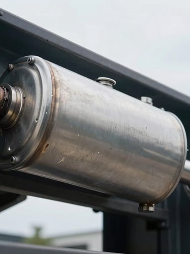 Macro close-up of a heavy-duty diesel truck exhaust system, clean stainless steel catalytic converter, cool overcast daylight, high-contrast industrial focus