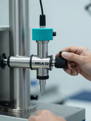 Close-up of a technical specialist in safety gear calibrating a stainless steel ARLA 32 dispensing pump, laboratory testing equipment visible, cool overcast daylight, high-contrast steel tones with cyan accents, sharp focus, 35mm