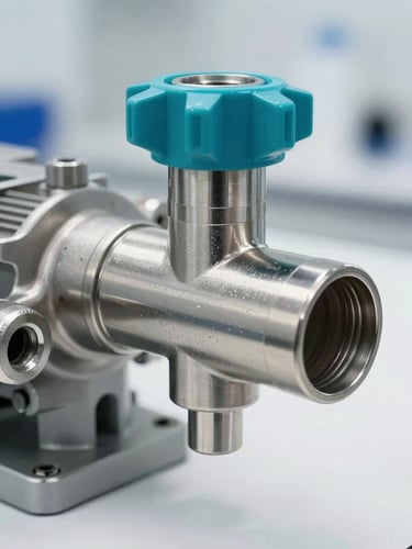 Close-up of a stainless steel supply pump nozzle in clean laboratory white environment, high-contrast steel tones, cyan accents, sharp focus, 35mm
