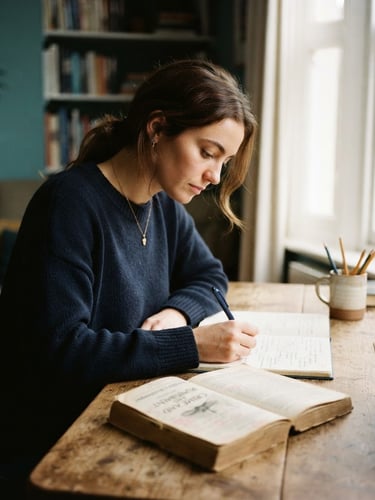 Focused student in a calm, well-lit study, taking notes, classic literature open on desk, soft natural daylight, deep navy and muted teal tones, shallow depth of field, 35mm