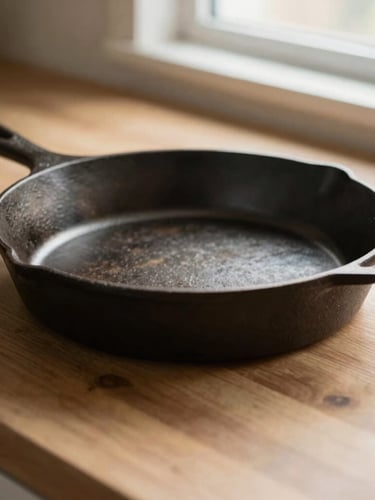 Tactile close-up of a seasoned cast-iron skillet resting on a clean wooden countertop, soft window light highlighting the textured iron surface.