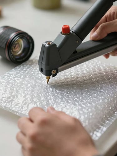 Tight close-up of artisan hands using a manual heat-sealer to seal a custom bubble wrap bag, bright natural daylight