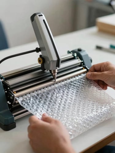Close-up of hands operating a manual heat-sealing machine in a bright Querétaro workshop, sealing a custom-sized bubble wrap bag, natural daylight, industrial focus.