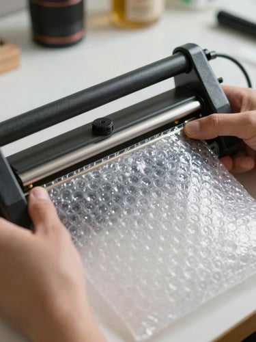 Close-up of hands using a manual heat sealer to seal a custom-sized bubble wrap bag, bright workshop lighting