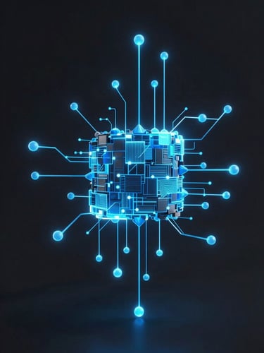 Sleek 3D render of glowing algorithmic nodes and abstract data visualization, dark obsidian background, electric blue accents, octane render, 8k