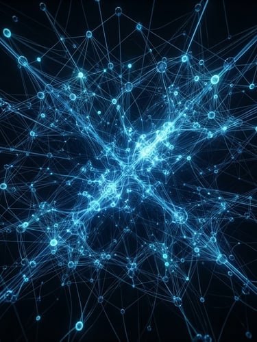 Sleek 3D render of glowing algorithmic node networks over a deep obsidian background, electric blue rim lighting, high-end technology aesthetic, octane render, 8k