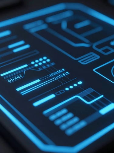 Macro close-up of a dark-themed dashboard interface with glowing electric blue data lines, clean 3D render, premium tech aesthetic