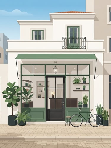 A premium flat vector illustration of a modern Portuguese storefront with clean geometric lines, soft forest green plants, and elegant minimalist details