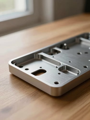 Macro shot of brushed aluminum keyboard chassis on a solid oak desk, soft window light from the left, shallow depth of field, warm editorial photography