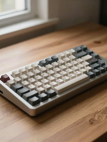 Detailed close-up of a high-end mechanical keyboard disassembled on a solid oak workbench, natural side window light, soft shadows, warm editorial photography style, 35mm lens, shallow depth of field