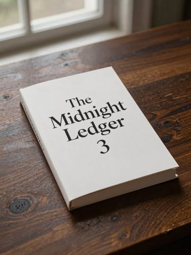 A clean book cover mockup of 'The Midnight Ledger' resting on a dark oak desk, soft natural window light, elegant serif typography on the cover, rich muted tones.