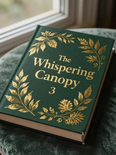 A portrait-oriented book mockup of 'The Whispering Canopy' showing an elegant dark green cover with gold leaf illustrations, resting on a velvet surface.