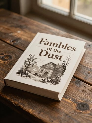 A book cover mockup of 'Fables of the Dust' on a rustic wooden table, warm golden hour light, elegant illustration on the cover.