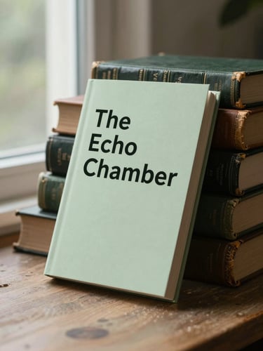 A minimalist book cover mockup of 'The Echo Chamber' leaning against a stack of vintage leather-bound books, soft morning light, muted forest green tones.