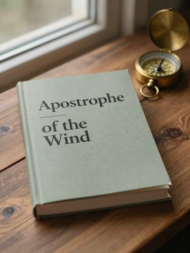 A book cover mockup of 'Apostrophe of the Wind' placed next to an antique brass compass on a wooden surface, warm side lighting, shallow depth of field.